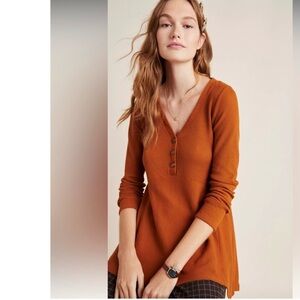 Anthropologie Maeve Eliza Waffle Weave Knit Henley Tunic in Brown Medium EUC